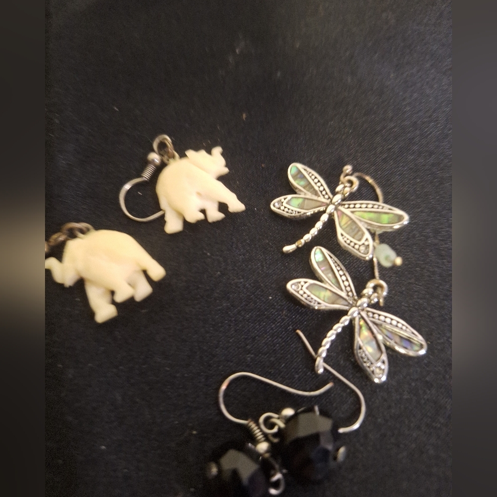 Dragonfly,Elephant Earrings & Black Crystals 3 Pair Earings
